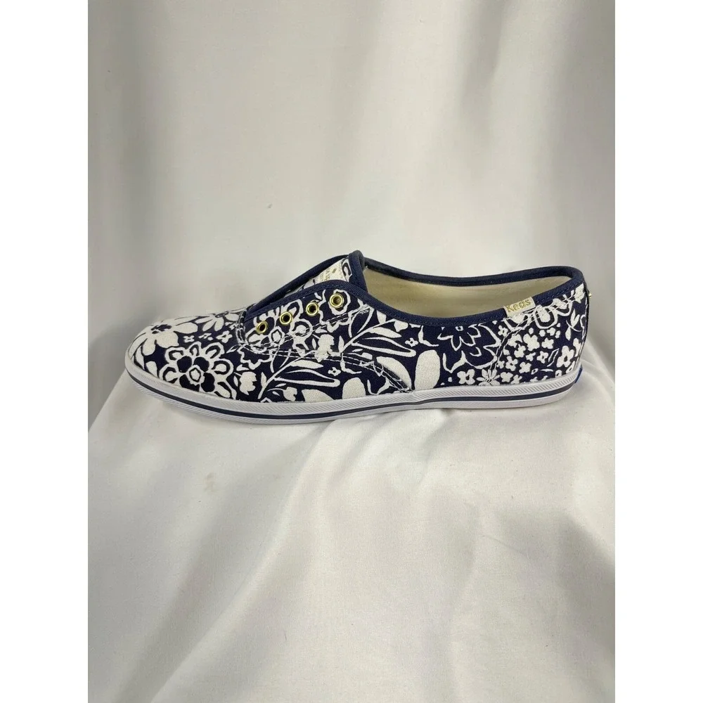 Kate Spade Women's SZ 8.5 Keds White Floral Navy Slip On Spring Summer Casual